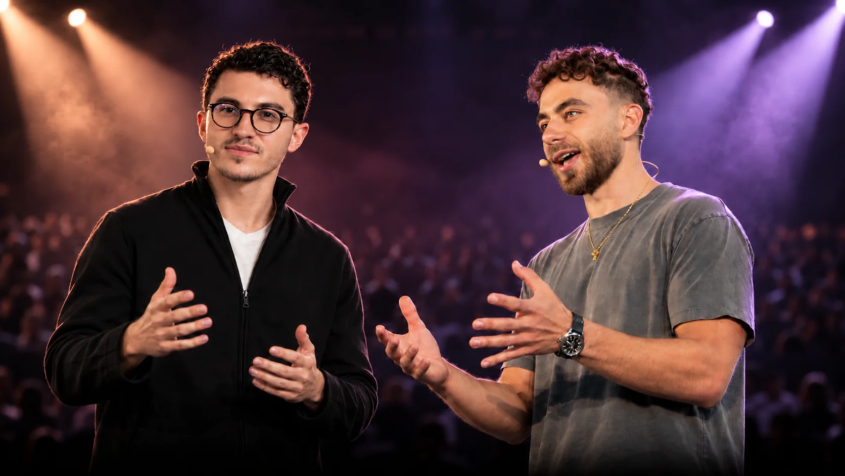 Jacob Klug and Jacob Posel on a stage under peach and lavender spotlights